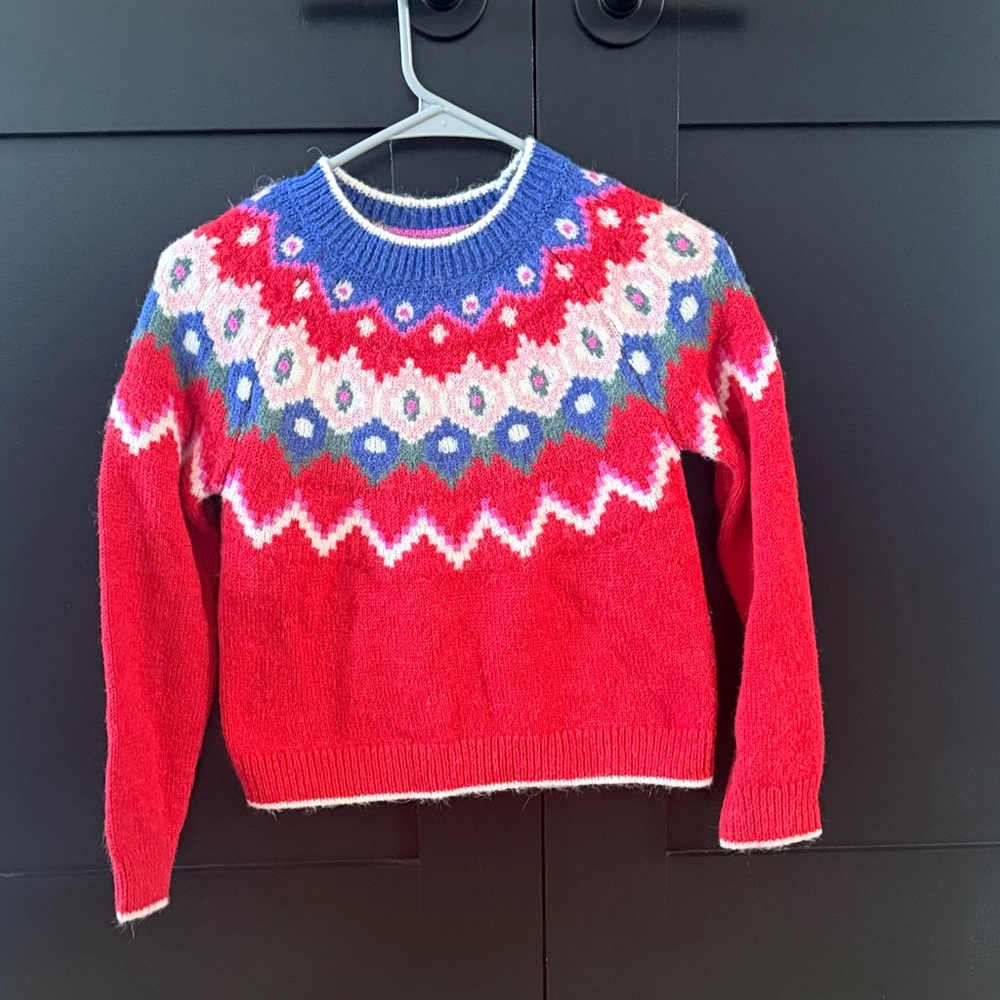 Mini Boden Red Sweater with Blue and White Patterns